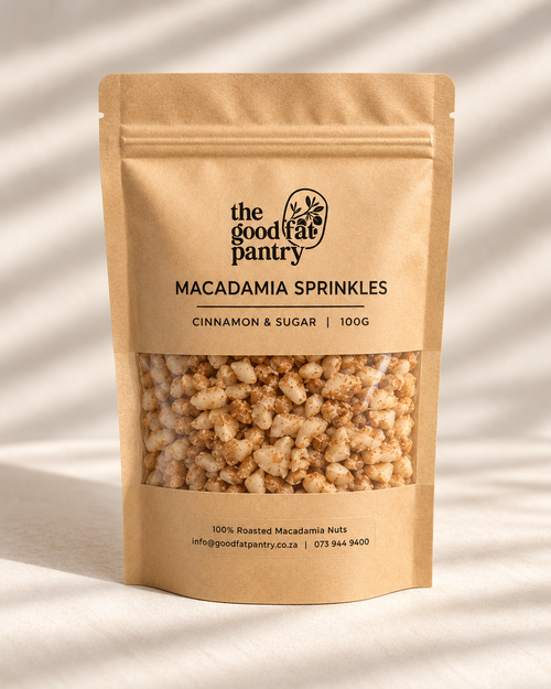 The Good Fat Pantry cinnamon and sugar macadamia nut pieces in a 100g pouch
