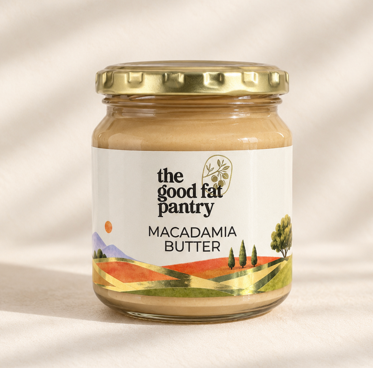 The Good Fat Pantry macadamia nut butter in a 250g glass bottle