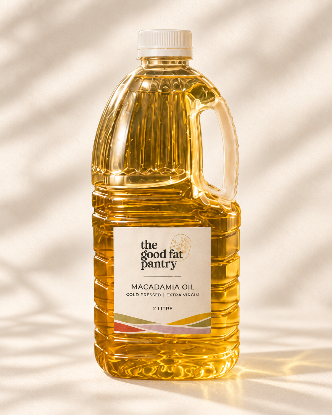 The Good Fat Pantry cold pressed macadamia oil in a 2l plastic container 