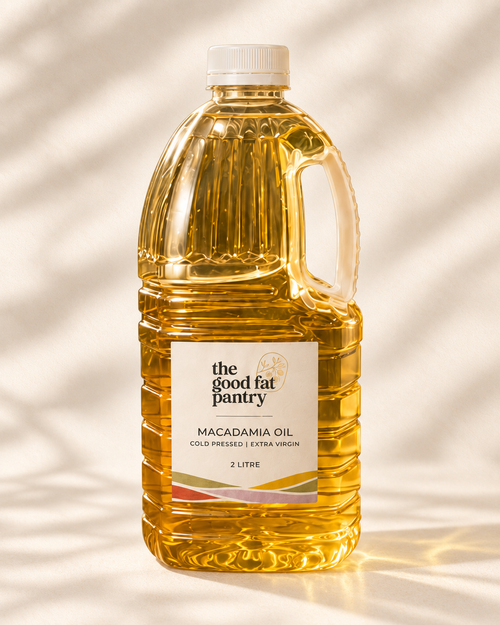 The Good Fat Pantry cold pressed macadamia oil in a 2l plastic container 
