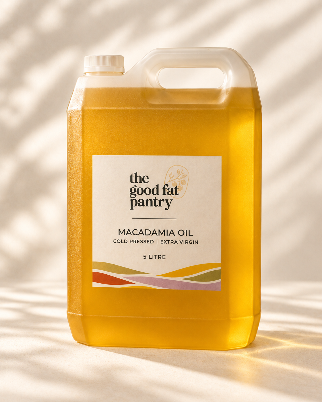 The Good Fat Pantry cold pressed macadamia oil in a 5 litre plastic container