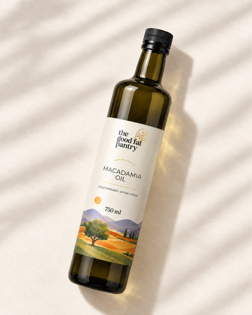 The Good Fat Pantry cold pressed macadamia oil in a 750ml glass bottle