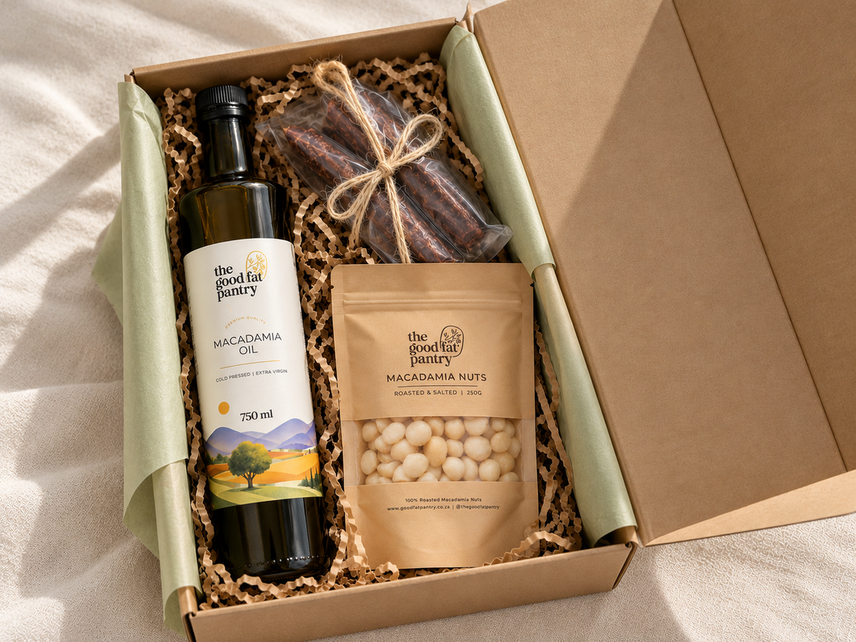 The Good Fat Pantry droewors and macadamia giftbox with droewors, roasted and salted nuts and macadamia oil