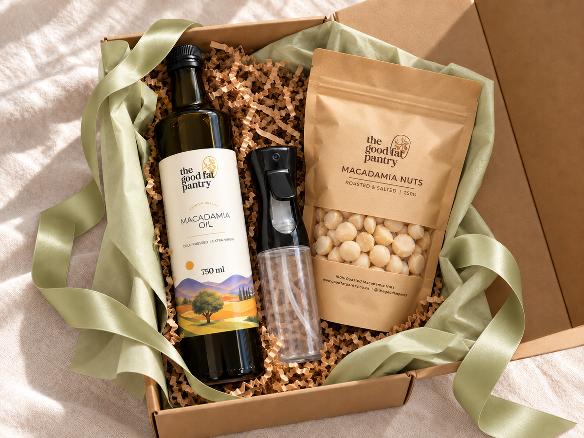 The Good Fat Pantry Home Cook giftbox with macadamia oil, a spray bottle and roasted and salted nuts