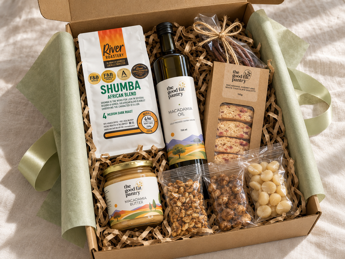 The Good Fat Pantry Big Pantry giftbox with macadamia oil, butter, nuts, biscotti, droewors and coffee