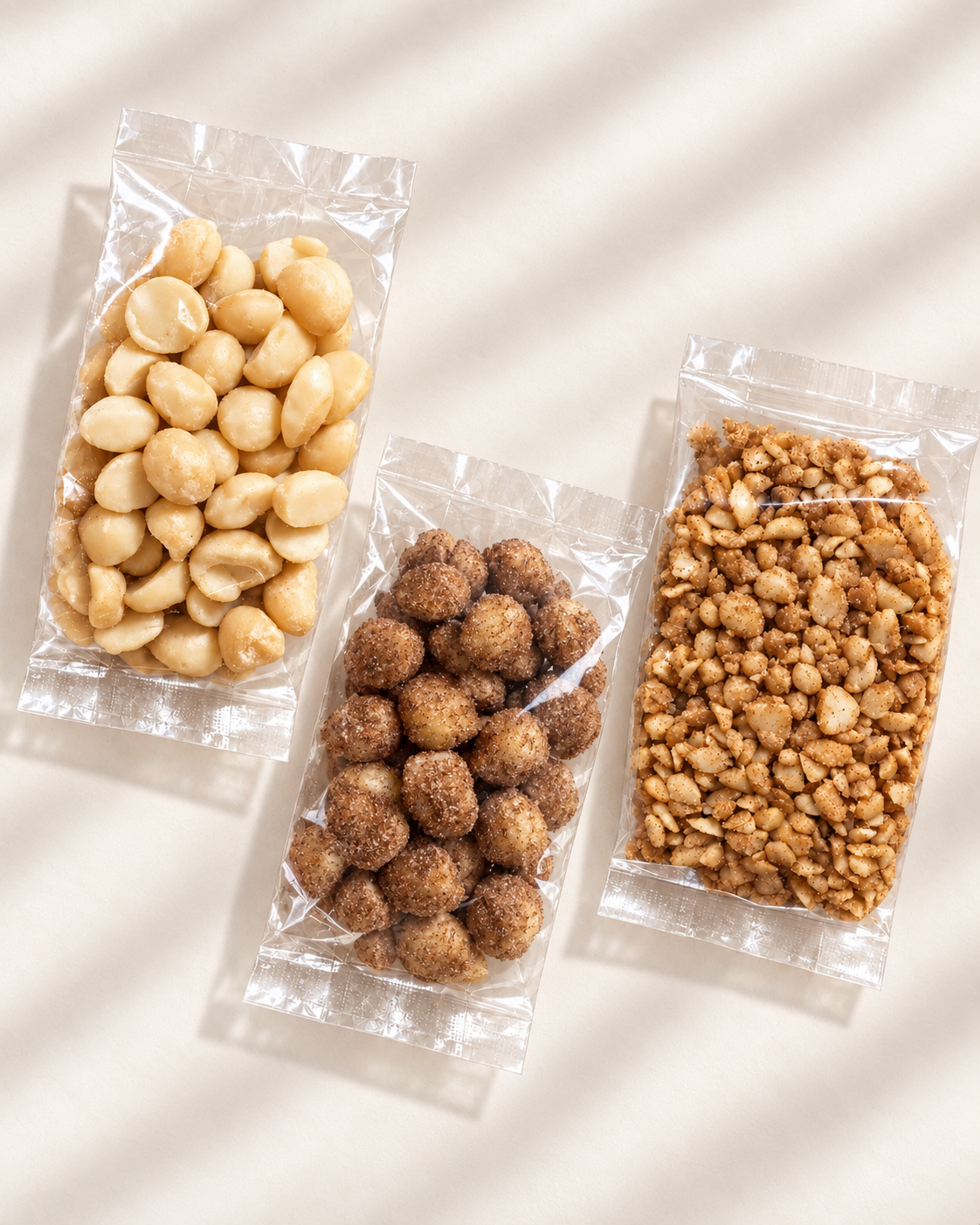The Good Fat Pantry macadamia snack packs, 60g, in three flavours