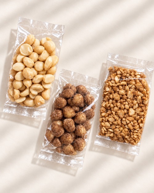 The Good Fat Pantry macadamia snack packs, 60g, in three flavours